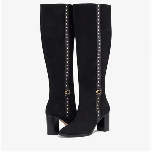 Coach Ollie Suede Leather Knee High Boots Block Heel Studded Cowboy Western 5.5 - Picture 1 of 16